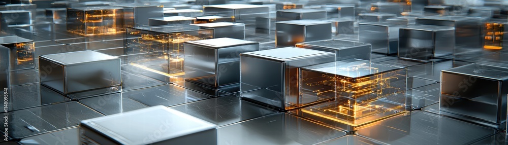 A futuristic scene featuring metallic cubes with illuminated interiors, creating a visually striking and complex pattern, Floating holographic cubes with glowing streams A futuristic scene featuring metallic cubes with illuminated interiors, creating a visually striking and complex pattern, Floating holographic cubes with glowing streams