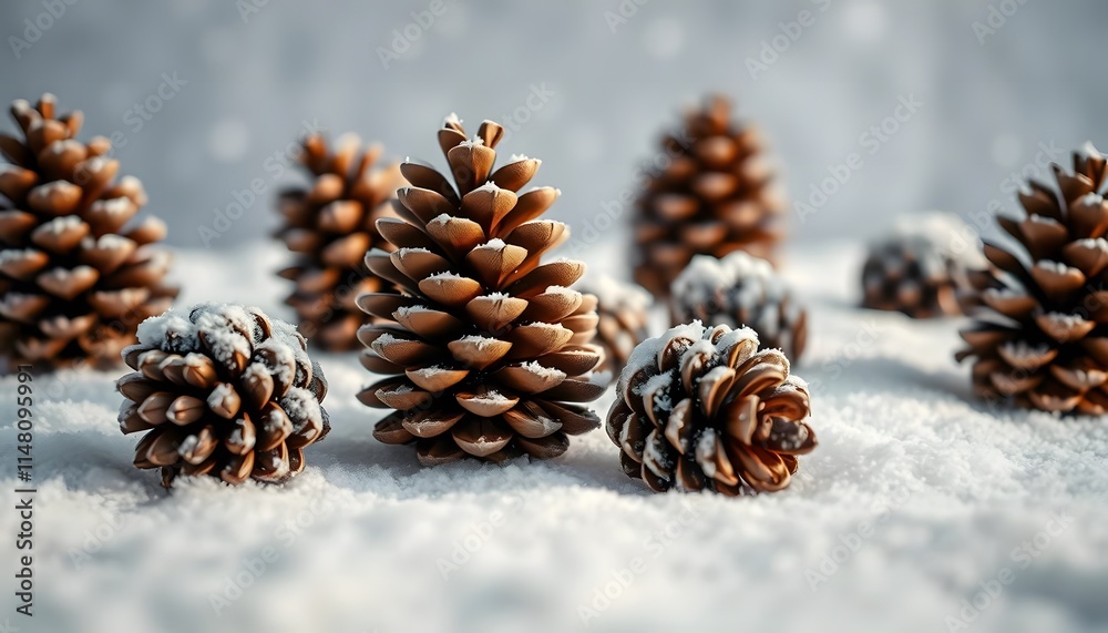 Snow Covered Pine Cones Winter Scene Soft Light Background Snow Covered Pine Cones Winter Scene Soft Light Background