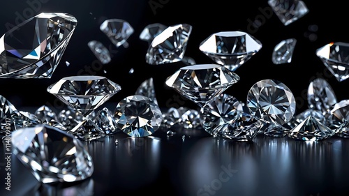 Many transparent and clear diamond scattering and floating in mid air on dark background. 3D illustration of the concept of luxury , wealth and jewellery industry