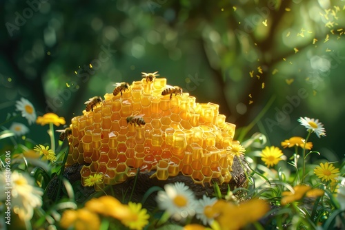 a honey bee hive with hexagonal honeycombs filled with golden honey, surrounded by yellow daisies and green foliage.