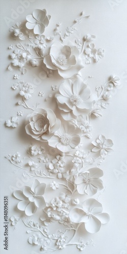 A white flower arrangement with a white background. The flowers are arranged in a line