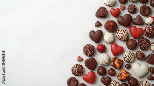 Assorted Chocolate Treats Including Heart-Shaped Candies on a Light Background