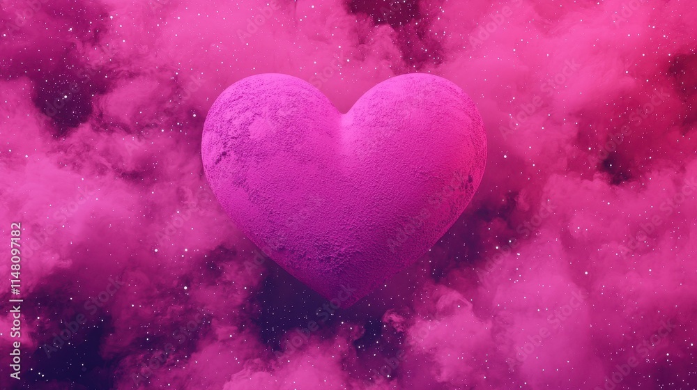 Obraz premium Vibrant Pink Heart in Dreamy Clouds Against Cosmic Background with Stars and Nebula