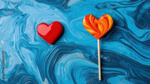 Colorful Heart Lollipops on Vibrant Blue Marbled Background for Sweet Celebrations