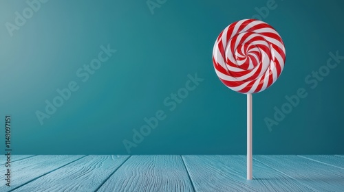 Colorful Swirled Lollipop on Wooden Surface with Teal Background for Sweet Treat Concept