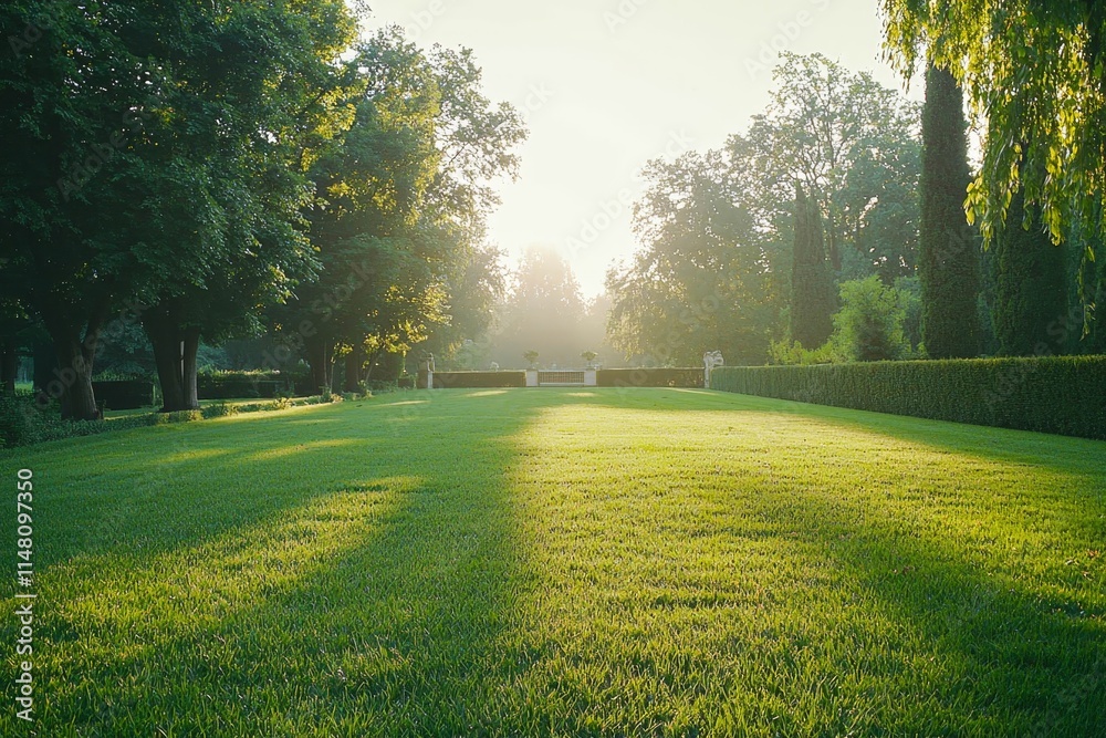 Green lawn with trimmed grass in the morning park. Green lawn with trimmed grass in the morning park.