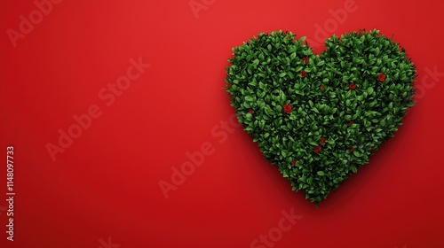 Heart Shaped Greenery Arrangement on Red Background for Romantic Themes and Decorations