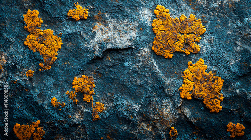 Yellow lichen on dark rock texture. photo