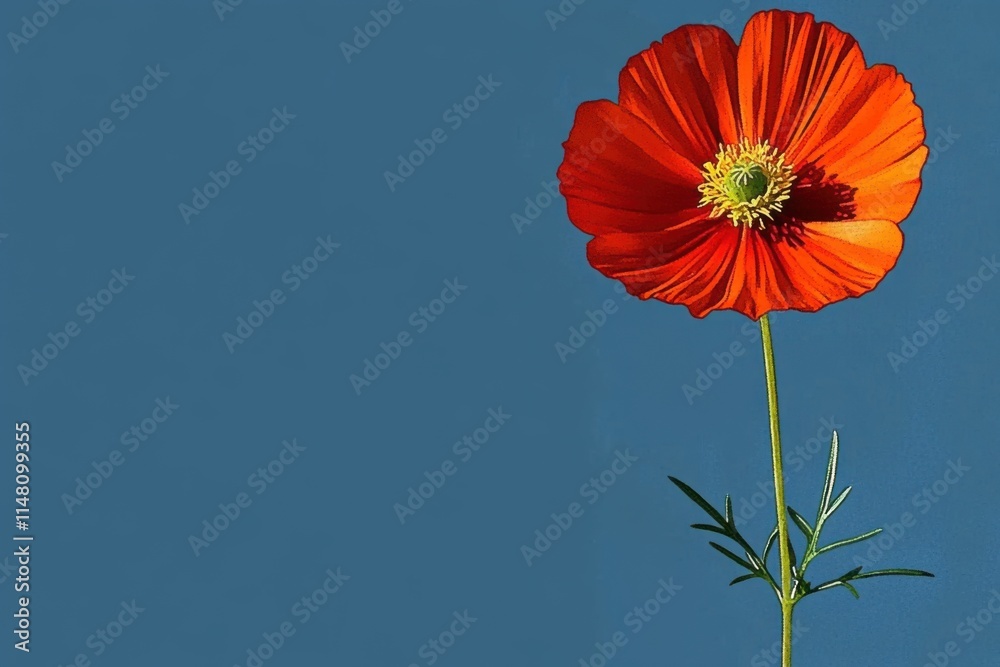 Fototapeta premium Minimalistic design featuring a vibrant blooming flower against a blue background