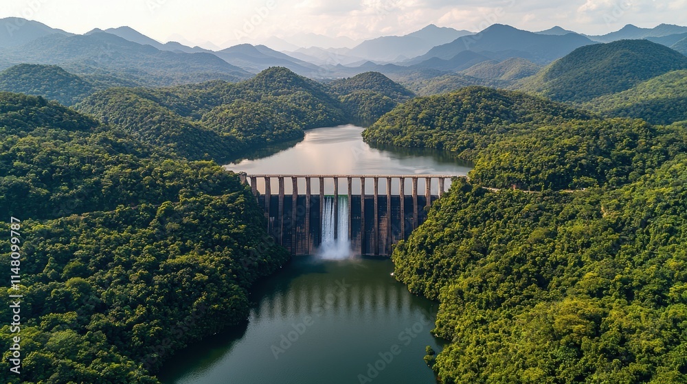 Green tech, wind energy, and hydropower concept Aerial view of a dam surrounded by lush green mountains and water.