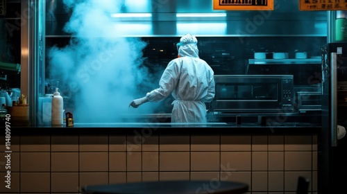 Sanitation Worker Disinfecting Kitchen with Hazmat Suit photo