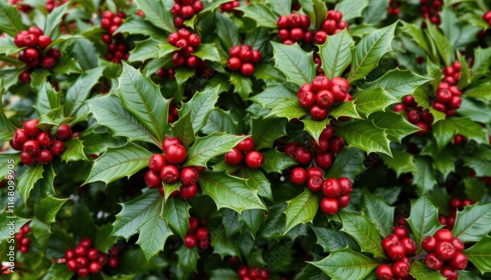 Obraz premium A close-up of holly leaves and red berries, often associated with winter and festive decorations.