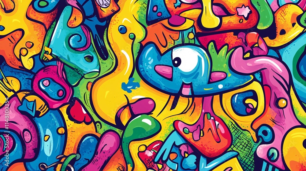 Colorful Abstract Background with Whimsical Shapes and Playful Characters Colorful Abstract Background with Whimsical Shapes and Playful Characters