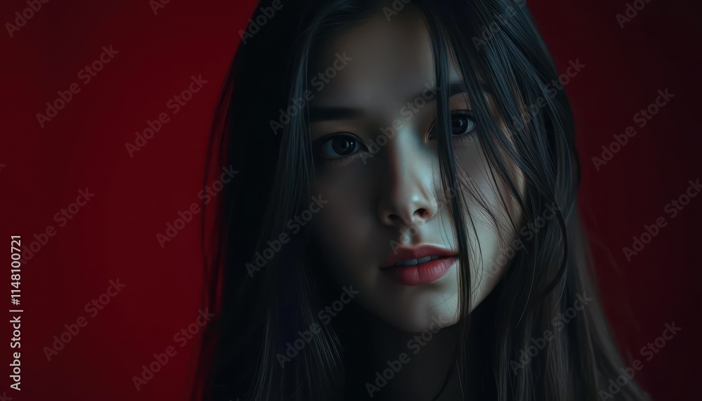 A close-up portrait of a young woman against a red background, capturing emotion and beauty. A close-up portrait of a young woman against a red background, capturing emotion and beauty.