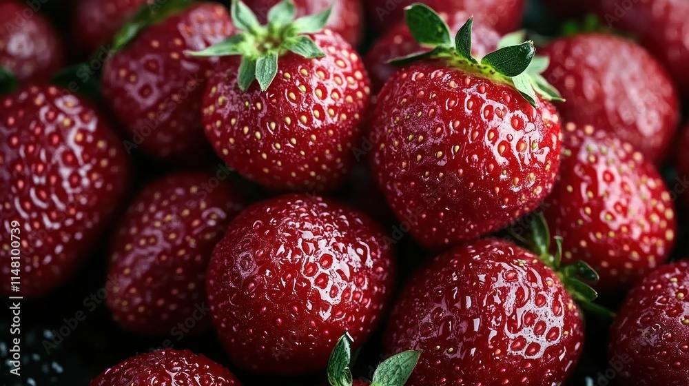 Close-up of fresh, ripe strawberries.