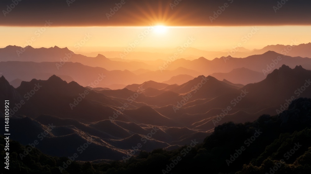 Obraz premium Golden Hour Panorama Serene Sunset Over Rolling Mountains