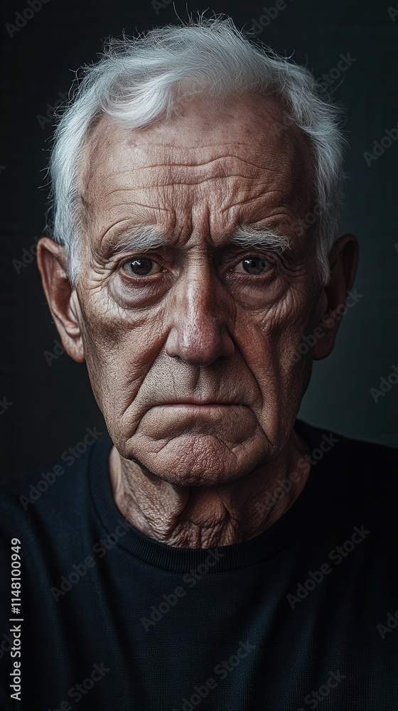 Expressive portrait of an elderly man with deep wrinkles and piercing eyes highlighting a lifetime of experiences and emotions in a neutral dark setting Expressive portrait of an elderly man with deep wrinkles and piercing eyes highlighting a lifetime of experiences and emotions in a neutral dark setting