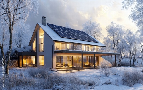A modern house with sleek solar panels on a snow-covered roof, surrounded by frosted trees and a soft winter glow