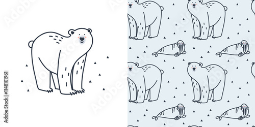 Arctic animals seamless pattern. Doodle Polar birds and mammals. Northern cute inhabitants. Textile, wrapping paper, wallpaper design. Print for fabric cartoon flat isolated north fauna background