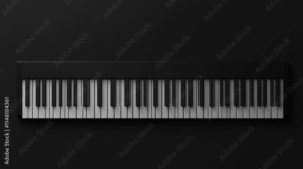 A sleek, modern piano keyboard with black and white keys on a dark background, banner. A sleek, modern piano keyboard with black and white keys on a dark background, banner.