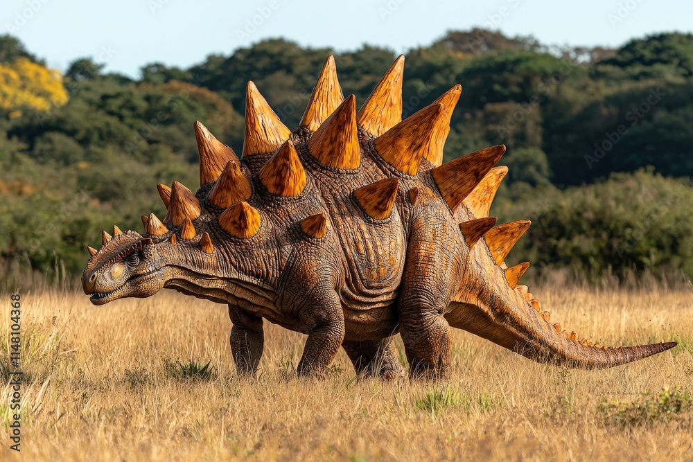 Fototapeta premium A detailed view of a prehistoric Ankylosaurus dinosaur in a field, showcasing its armored back and spiked tail. The dinosaur is depicted in a realistic style against a backdrop of trees and a grassy