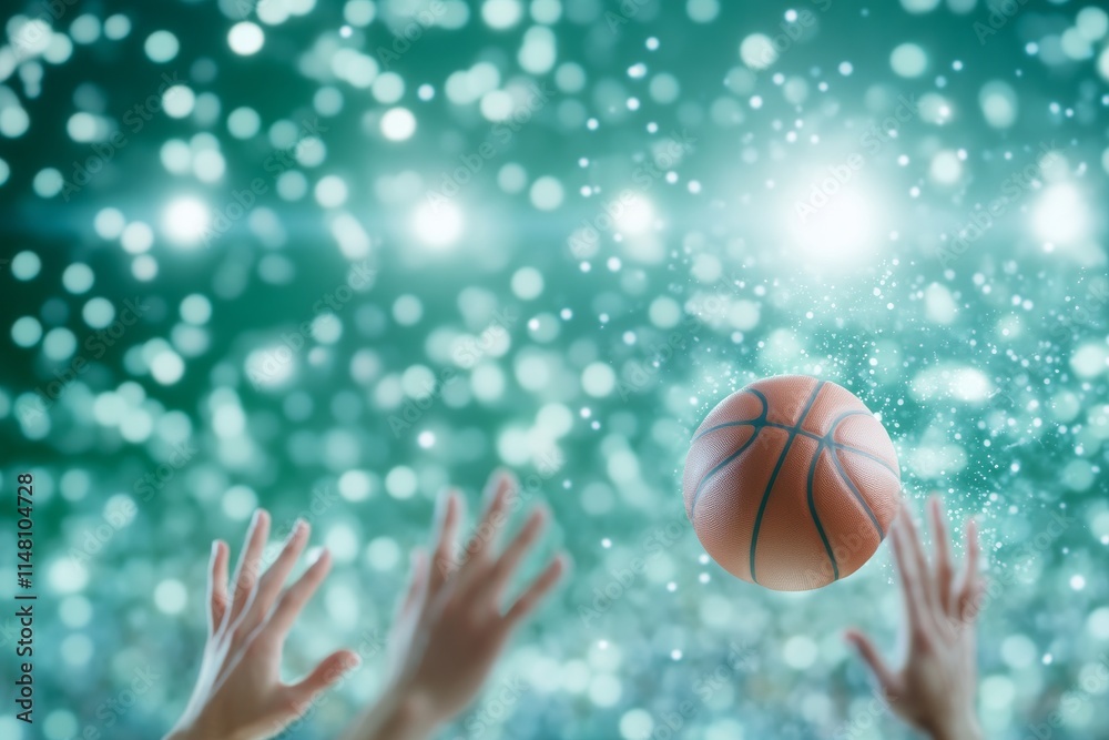 A basketball with players' hands. Generative AI A basketball with players' hands. Generative AI