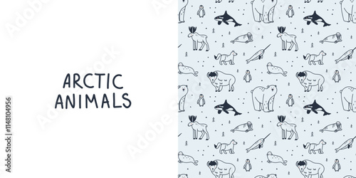 Arctic animals seamless pattern. Doodle Polar birds and mammals. Northern cute inhabitants. Textile, wrapping paper, wallpaper design. Print for fabric Cartoon flat isolated north fauna background