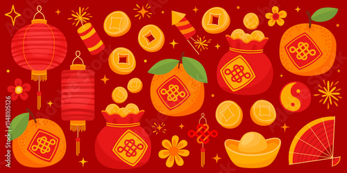 Chinese New Year, Lunar New Year, Tet. Symbols of wealth, prosperity, luck on red background. Tangerines, coins, gold, lanterns, flowers, knot, fan, firecrackers.
