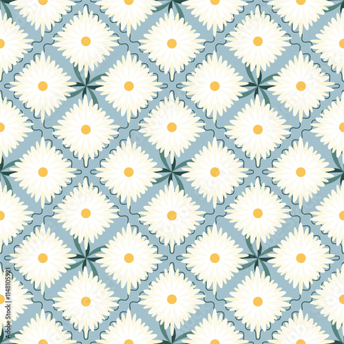 Vintage Retro Daisy 70s Modern Geometric seamless pattern white floral daisy flowers texture background. Trendy chamomile blossom print