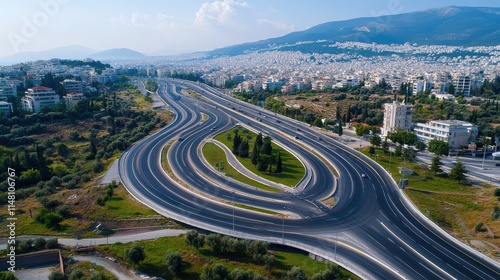 Aerial drone photo of ring road in Kifisias and Attiki odos avenues, a popular multilevel circular junction road, Marousi, Attica, Greece photo