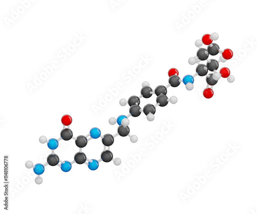 Molecule of Folic acid (vitamin B9 or vitamin M). Molecular formula: C19H19N7O6. Chemical model: Ball and Stick. Isolated. Transparent background. PNG transparent. 3D illustration.