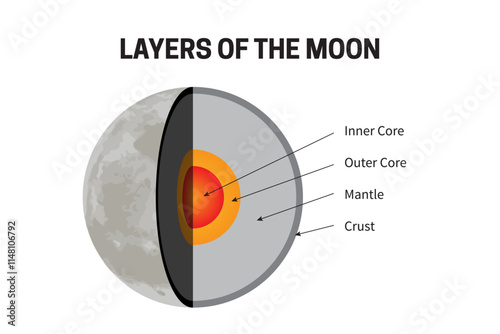 Layers of the Moon - Inner Core, Outer Core, Mantle and Crust Infographic Illustration
