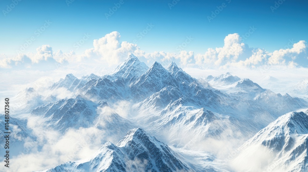 Awe-Inspiring Snow-Capped Mountain Peaks, Swirling Clouds, and Clear Blue Sky in High-Resolution Photorealistic Landscape Art
