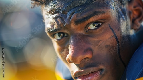 Young athlete focused before a football game, showcasing determination and intensity during a vibrant match atmosphere photo