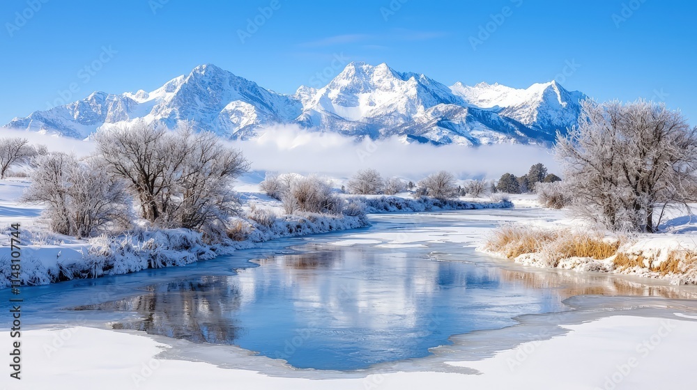 Obraz premium Snow-covered mountains reflect in a calm winter river surrounded by frosted trees under a clear blue sky.