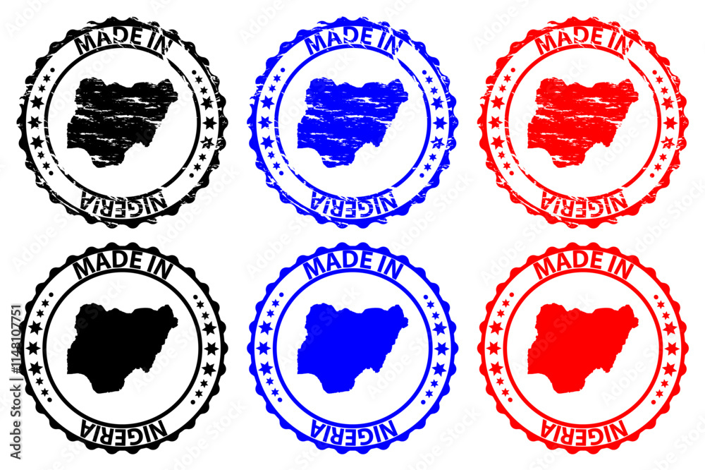 Made in Nigeria - rubber stamp - vector, Nigeria map pattern - black, blue and red Made in Nigeria - rubber stamp - vector, Nigeria map pattern - black, blue and red