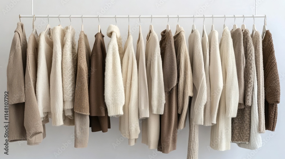 Fototapeta premium Cozy Collection of Neutral Sweaters Hanging on Display Rack