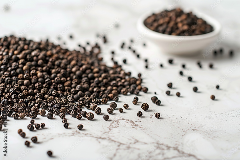 Close-up view of black pepper seeds scattered on a marble surface with a small bowl in the background, showcasing the unique textures and tones of the spices Close-up view of black pepper seeds scattered on a marble surface with a small bowl in the background, showcasing the unique textures and tones of the spices