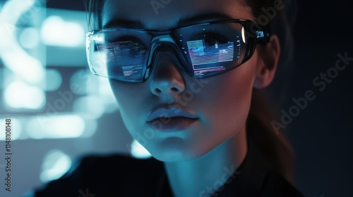 augmented reality, science, future technology and people concept - beautiful woman in futuristic 3d glasses with virual charts projection over black background photo