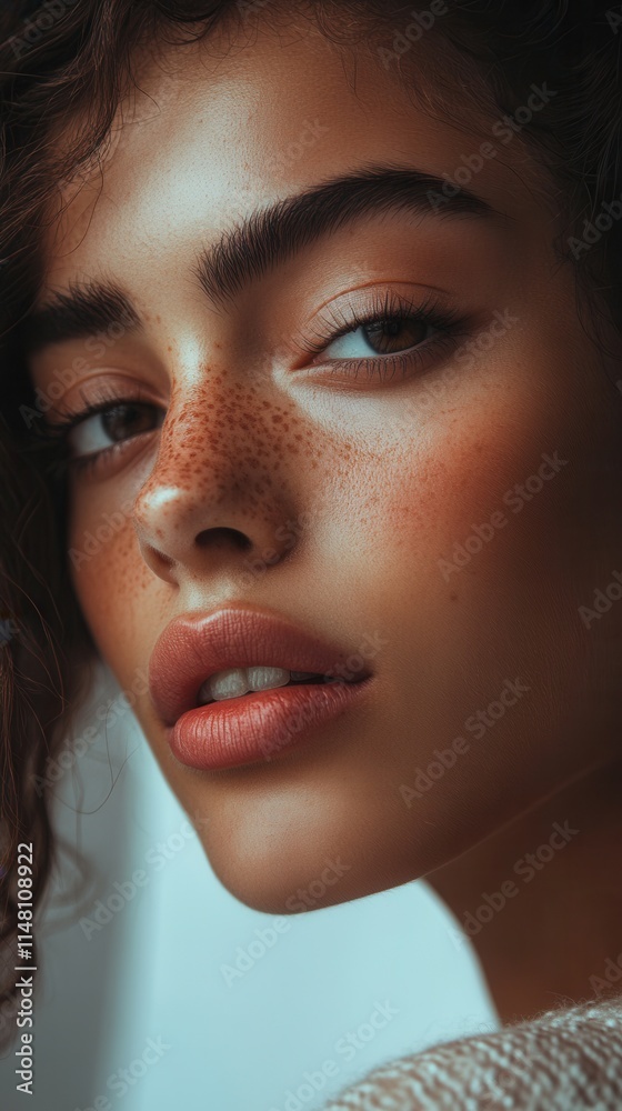 Close-up portrait of a young woman with curly hair and freckles, showcasing natural beauty and soft makeup in a bright indoor setting Close-up portrait of a young woman with curly hair and freckles, showcasing natural beauty and soft makeup in a bright indoor setting