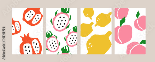 Fruit posters. Tropical geometry minimalistic organic food cards, banner or kitchen print. Simple figures. Pomegranate, lemon and dragonfruit background. Vector cartoon flat isolated illustration