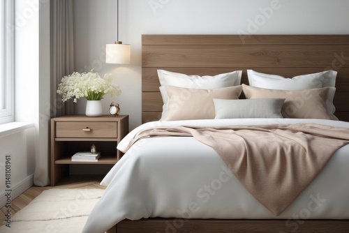 Bright and natural hotel room interior with single bed and wooden nightstand with flowers