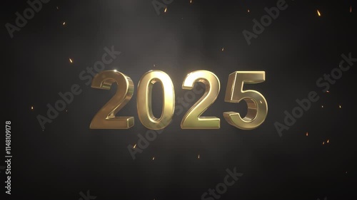 Happy New Year 2025 golden text 3d rendered clip with fireworks