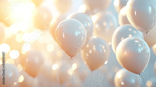 Bright and airy background of realistic white balloons illuminated by sunlight, creating a joyful atmosphere with ample copy space for creative text or designs.