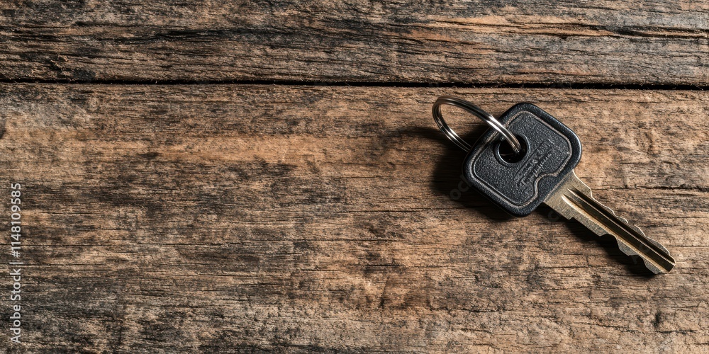 Single Key on Rustic Wooden Surface with Natural Texture Single Key on Rustic Wooden Surface with Natural Texture