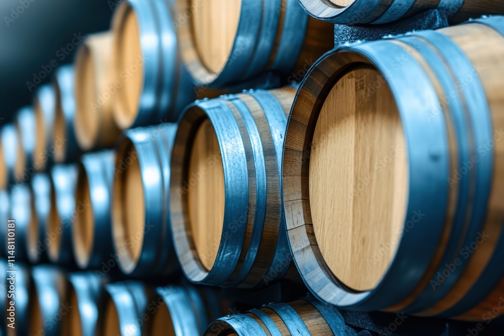 Close-Up View of Wooden Wine Barrels Stacked in a Storage Room Close-Up View of Wooden Wine Barrels Stacked in a Storage Room