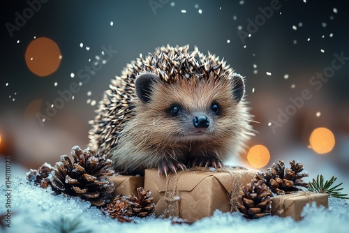 Adorable hedgehog sitting on small gift boxes amidst snow and pine cones; bokeh lights in background.  Perfect for Christmas or winter themes. photo