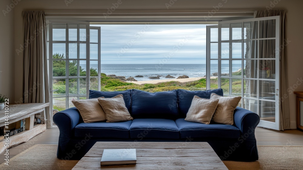 Fototapeta premium Coastal living room with ocean view through French doors.