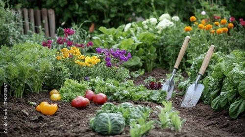 Vibrant garden filled with colorful flowers and fresh vegetables alongside garden tools. Generative AI photo