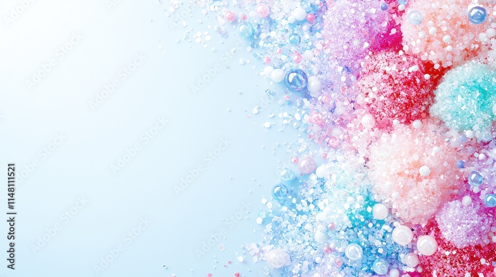 Fototapeta premium Abstract background featuring colorful pastel pom poms and glossy beads clustered on a soft blue backdrop.